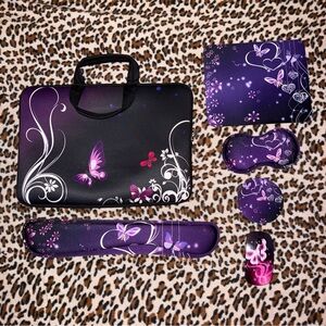 NEW Purple Black Butterfly Laptop Carrying Bag With Accessories Bundle Of 6